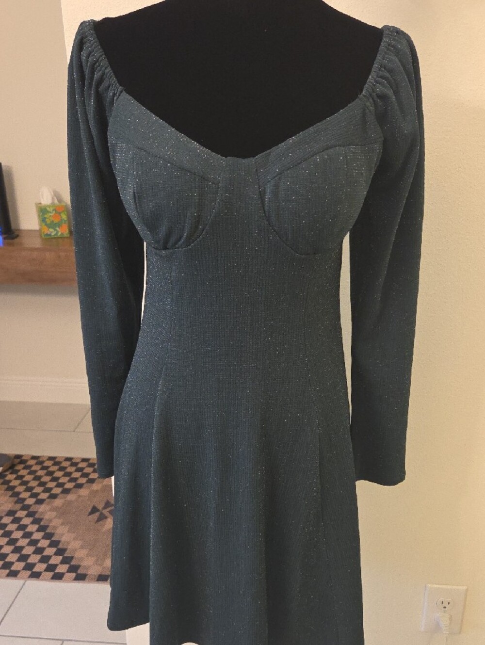 Lily Rose Off-Shoulder Dark Green Long Sleeve Fit & Flare Dress - Picture 3 of 6